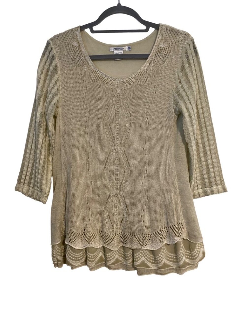 Feratelli Sweater Women’s S Beige Tunic Top Lace Hem 3/4 Sleeves Boho Cottage